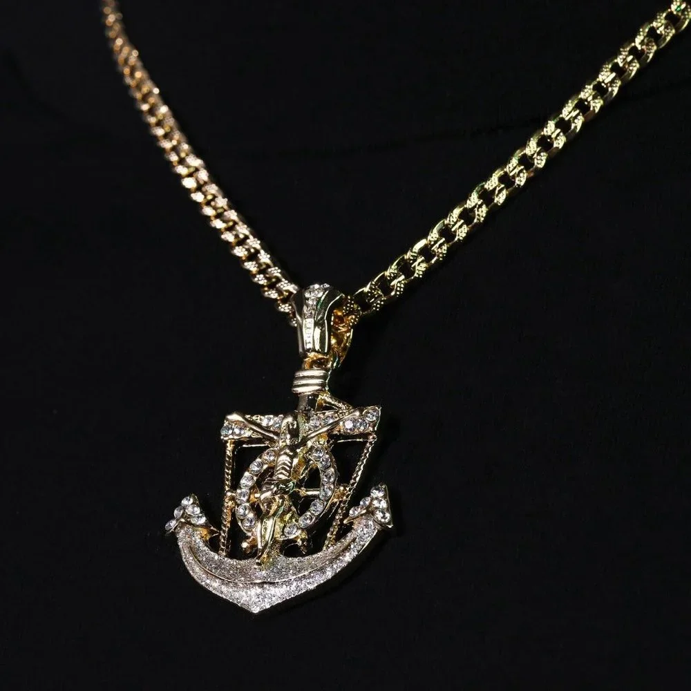 14k Gold Jesus Anchor Cuban Pendant + Necklace